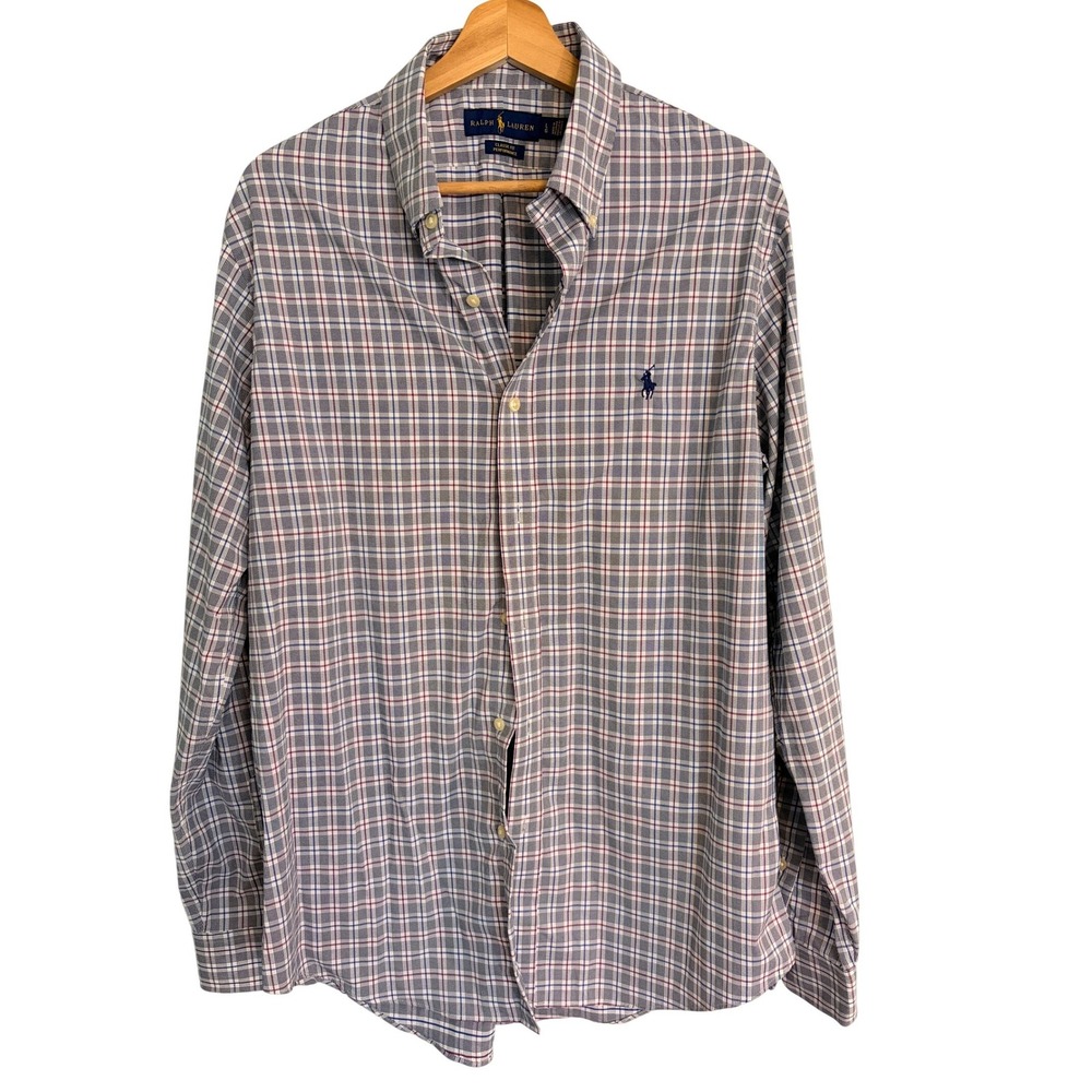 Ralph Lauren Performance Button Down Shirt Large White Blue Red Plaid Preppy
